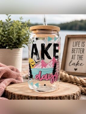 Lake Days Glass Can Tumbler 16 oz | Summer Lake Life Cup w Bamboo Lid & Straw